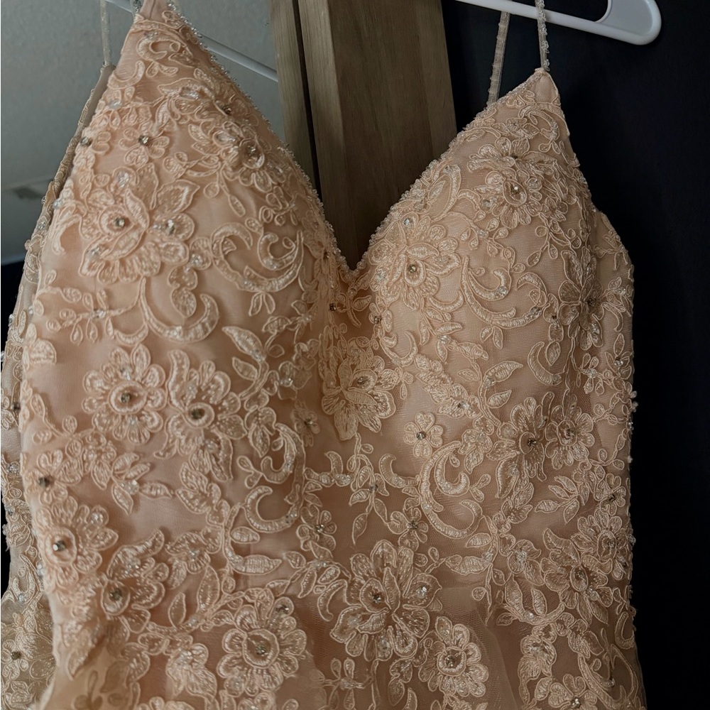 JJs House Peach Lace Prom Dress